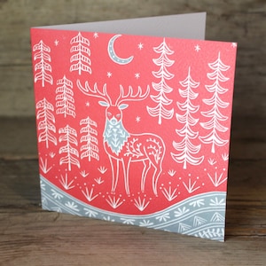 Thomas Elk biglietto di Natale in rosso e grigio, biglietto di auguri in stile scandinavo, linoleografia in stile nordico