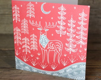 Thomas Elk Weihnachtskarte in rot und grau, skandinavischer Stil Grußkarte, Linoldruck nordischer Stil