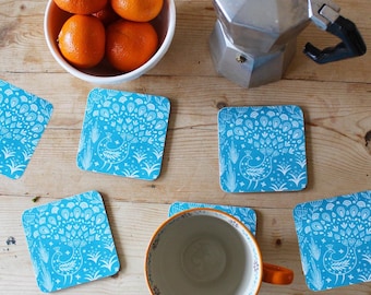 Pearce Peacock Set of 6 melamine Coasters in teal, table ware gift, scandi style