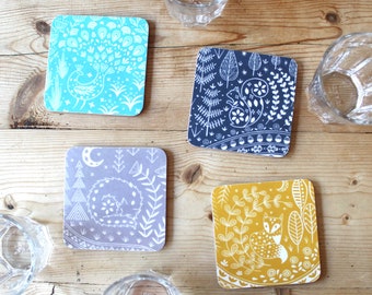 Mixed Set of four melamine coasters, Daniel Fox, Edward Squirrel, Connor Wolf and Pearce Peacock, scandi style gift