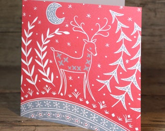 Carte de Noël Lucy Reindeer en rouge et gris, carte de voeux de style scandinave, linogravure de style nordique