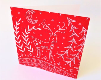 Carte de Noël Lucy Reindeer en rouge, carte de voeux de style scandinave, linogravure de style nordique