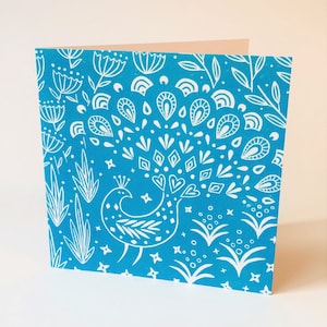 Pearce Pavone in teal, biglietto d'auguri, scandinava arte popolare linocut stampa