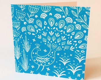 Pearce Peacock en azul, tarjeta de saludos, arte popular escandinavo linocut impresión
