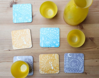 Mixed set of 6 Coasters featuring Wolf in grey, Fox in yellow ochre and Peacock in teal, scandi tableware, melamine coasters