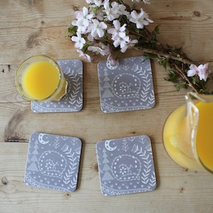 Set of 4 Coasters featuring Connor Wolf in grey, scandi tableware, melamine coasters