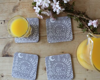 Set of 4 Coasters featuring Connor Wolf in grey, scandi tableware, melamine coasters