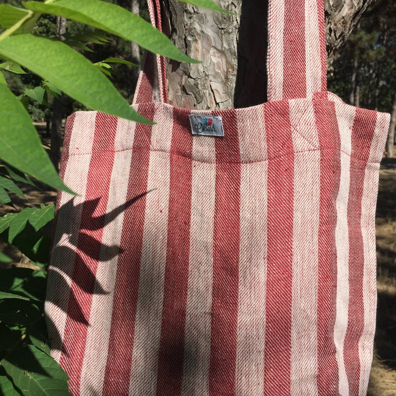 Natural linen tote bag in red and white stripes