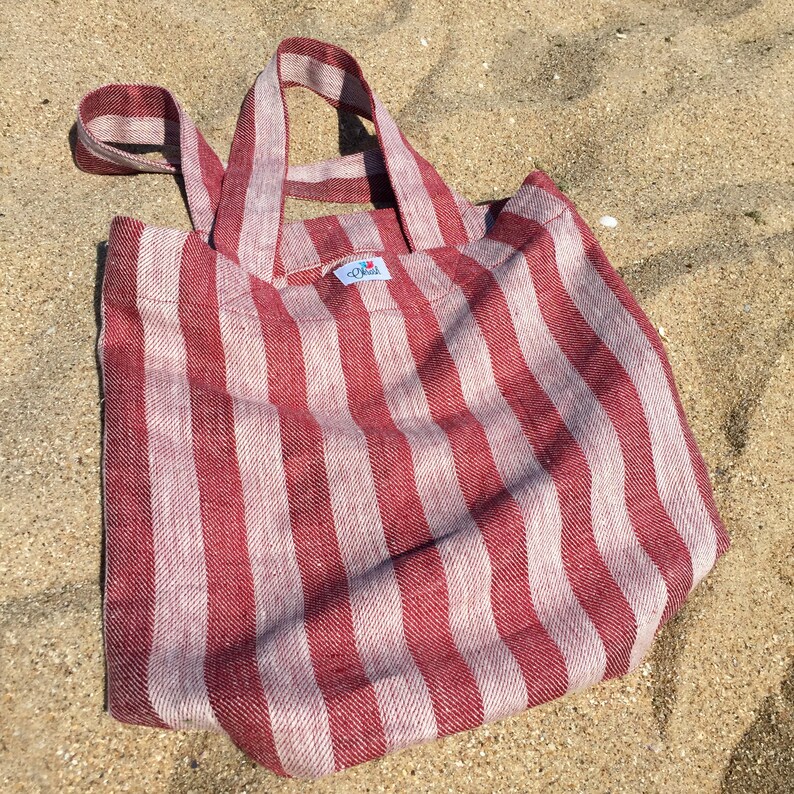 Natural linen tote bag in red and white stripes