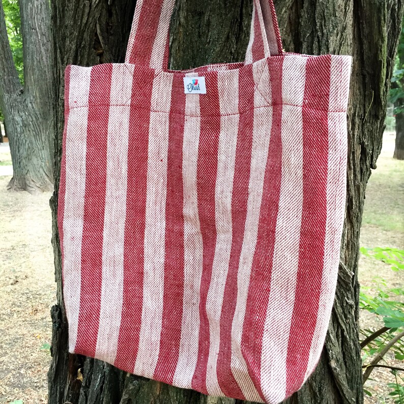 Natural linen tote bag in red and white stripes