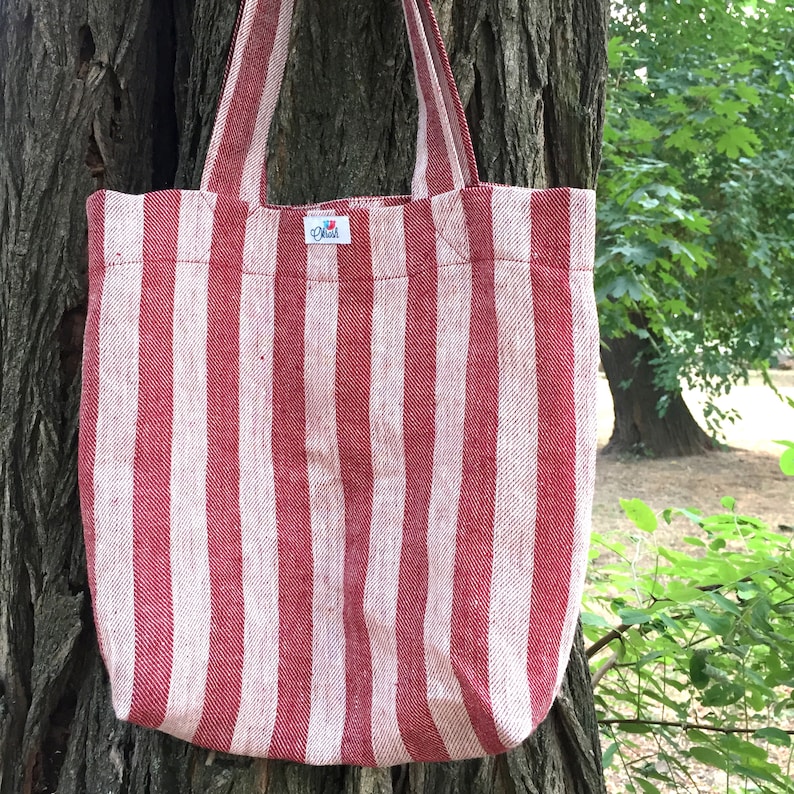 Natural linen tote bag in red and white stripes