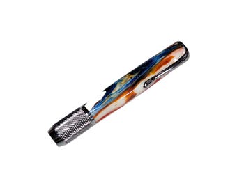 Chalk Holder, White Background with Ribbons of Reds, Oranges, and Blues with Chrome Hardware