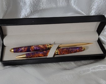 Premium Designer Twist Pen with Designer Letter Opener, Purple and Gold Acrylic with Gold Hardware