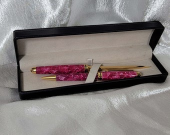 Designer Twist Pen with Designer Letter Opener, Pink Quartz Acrylic with Gold Hardware