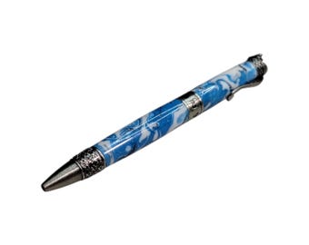Cat twist pen, blue and white swirl with Antique Pewter Hardware