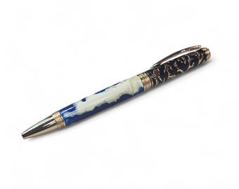 Bird Twist Ballpoint in Blue & White acrylic with gold hardware
