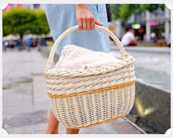 Wicker bag, Tote bag, Wicker basket, White wicker basket with orange decor, big vintage willow basket, huge wicker basket; wooden box