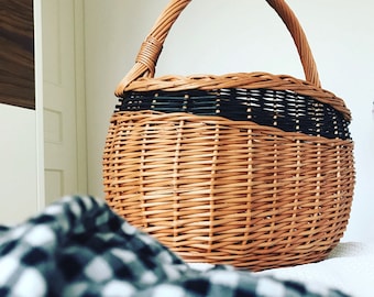 Wicker basket with black, tote bag, hand basket, willow basket