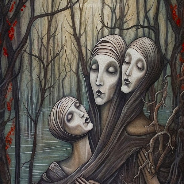Surreal Folk Horror Three Sisters Portrait, wall art, surrealism wall art, Wall Decor, Art Gift, Digital Download, Instant Download