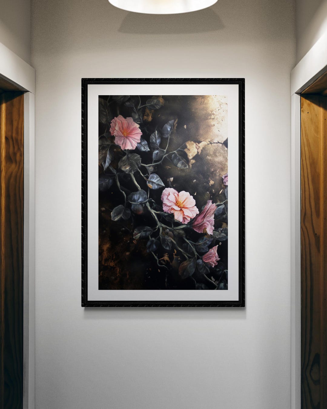 Dark Botanical Rose Wall Art Print – Moody Floral Painting | Digital ...