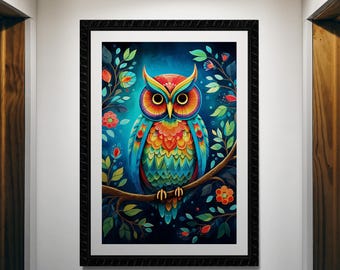Arte mural de búho: Búho colorido con flores nocturnas / Descarga digital instantánea