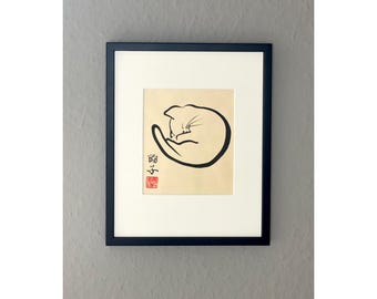 Pintura original en tinta japonesa de un gato &quot;Gatito durmiendo&quot; sobre papel Awagami natural (25 x 20 cm)