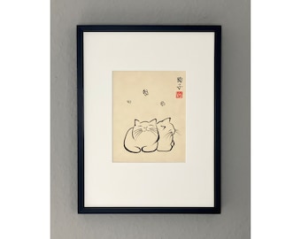 Original japanische Tuschemalerei "Two cats and butterflies" auf hochwertigem Awagami-Papier (40x30 cm)