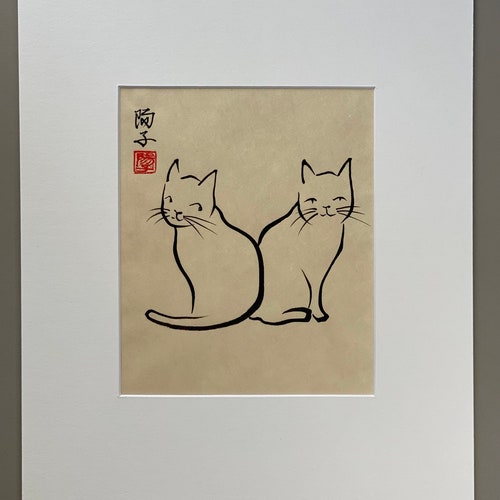 Original Japanese ink painting of a pair of cats “Best friends” on natural shops Awagami paper (40x30 cm)
