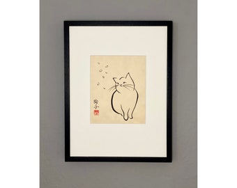 Peinture japonaise originale à l'encre « Chat et pétales de Sakura » sur papier Awagami naturel (40x30 cm)