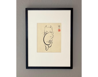 Original japanische Tuschemalerei zweier Katzen "Mom carries a kitten" auf hochwertigem Awagami-Papier (40x30 cm)