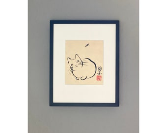 Pintura original en tinta japonesa de un gato &quot;Observando una hoja&quot; sobre papel Awagami natural (25 x 20 cm)