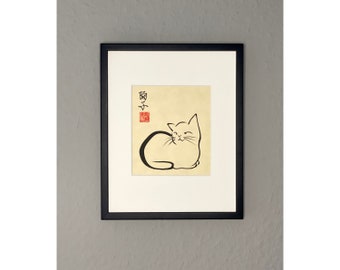 Peinture à l'encre japonaise originale « Chat calme » sur papier Awagami naturel (25 x 20 cm)
