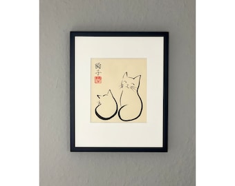 Pintura original en tinta japonesa “Dos gatos” sobre papel Awagami natural (25 x 20 cm)