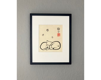 Peinture japonaise originale à l'encre « Deux chats et des papillons endormis » sur du papier Awagami naturel (25 x 20 cm)