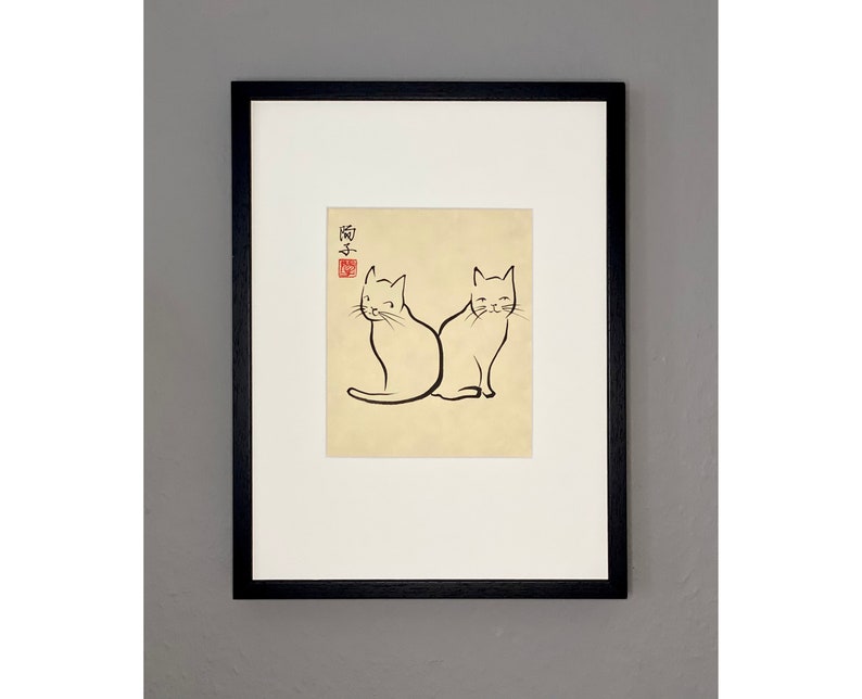 Original Japanese ink painting of a pair of cats “Best friends” on natural shops Awagami paper (40x30 cm)