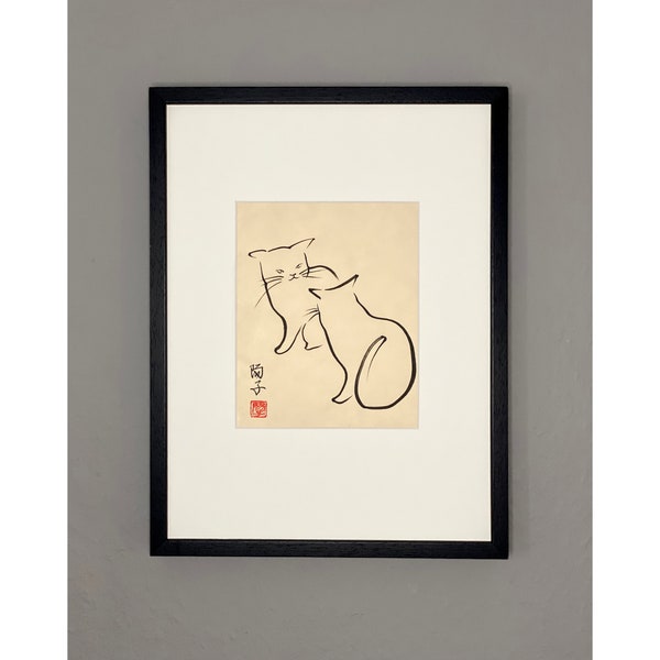 Original japanische Tuschemalerei zweier Katzen "Ceci est mon espace" auf hochwertigem Awagami-Papier (40x30 cm)