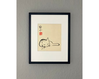 Peinture originale à l'encre japonaise d'un chat « Lazy day » sur papier Awagami naturel (25 x 20 cm)