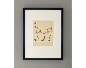Peinture originale à l'encre japonaise d'une paire de chats « Meilleurs amis » sur papier Awagami naturel (40x30 cm)