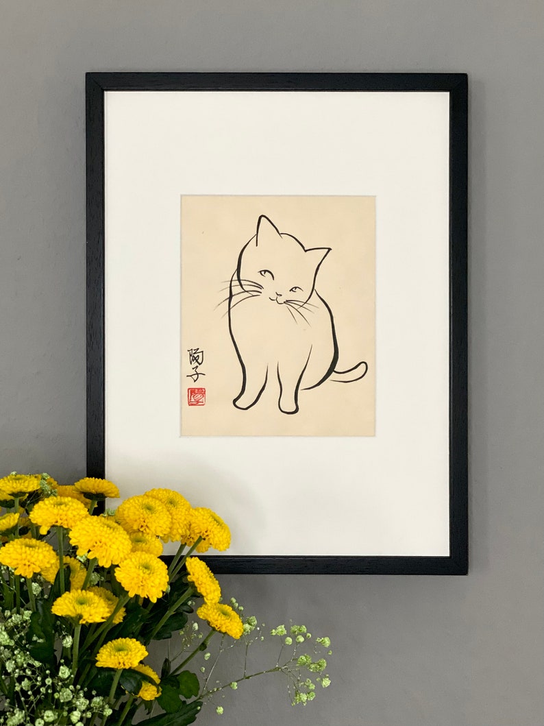 Peinture originale à l'encre japonaise d'un chat Looks nice sur papier Awagami naturel 40 x 30 cm image 2
