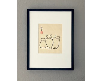 Original Japanese ink painting of three cats “Trio” on natural Awagami paper (40x30 cm)