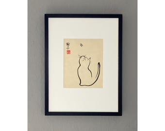 Original Japanese ink painting “Cat looking at butterfly” on natural Awagami paper (40x30 cm)