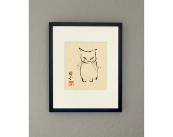 Peinture originale à l'encre japonaise d'un chat intitulée « Ne me mettez pas en colère » sur du papier Awagami naturel (25 x 20 cm)