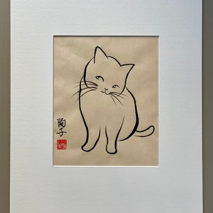Peinture originale à l'encre japonaise d'un chat Looks nice sur papier Awagami naturel 40 x 30 cm image 3