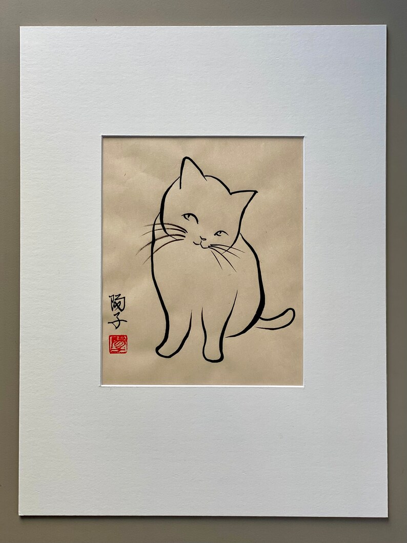 Peinture originale à l'encre japonaise d'un chat Looks nice sur papier Awagami naturel 40 x 30 cm image 3