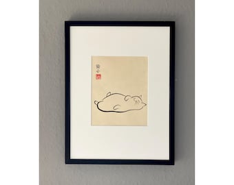 Original Japanese Ink Painting “Life is good” - Cat Sumi-e on Awagami Paper (40x30 cm)