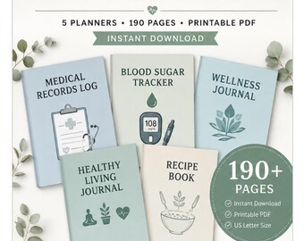 May include: A health and wellness planner bundle featuring five printable PDF planners with 190 pages. The set includes a medical records log, blood sugar tracker, wellness journal, healthy living journal, and recipe book with soft pastel covers.