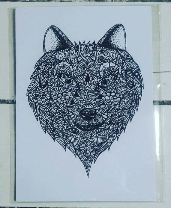 A5 Wolf Print , Henna Mehndi Art , Zentangle , Mandala , Art Print