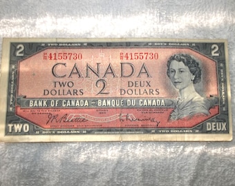 Vintage 1954 Ottawa Canadian 2 Dollar Bill