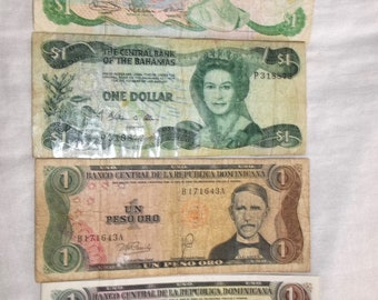 4 Vintage Carribean Paper Currency Bills from Dominican Republic, Bahamas, and Belize