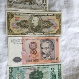 5 Vintage Central American Currency Bills, 2 Paragua, 1 Bolivia, 1 Peru, and 1 Brasil